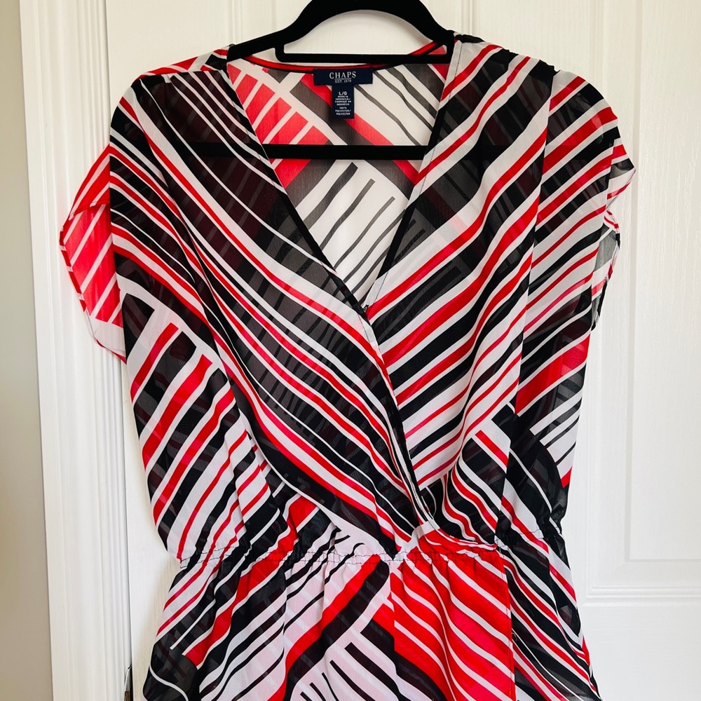 Chaps Women's V-Neck Blouse - Red, Black, and White Stripes